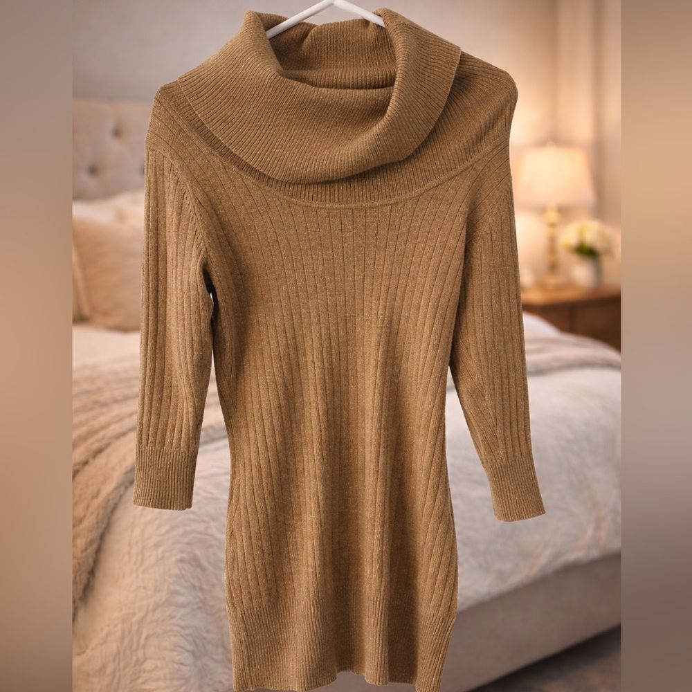 Cowl Neck Metallic Ribbed Tunic Sweater Top Camel Quiet Luxury M - Picture 2 of 7